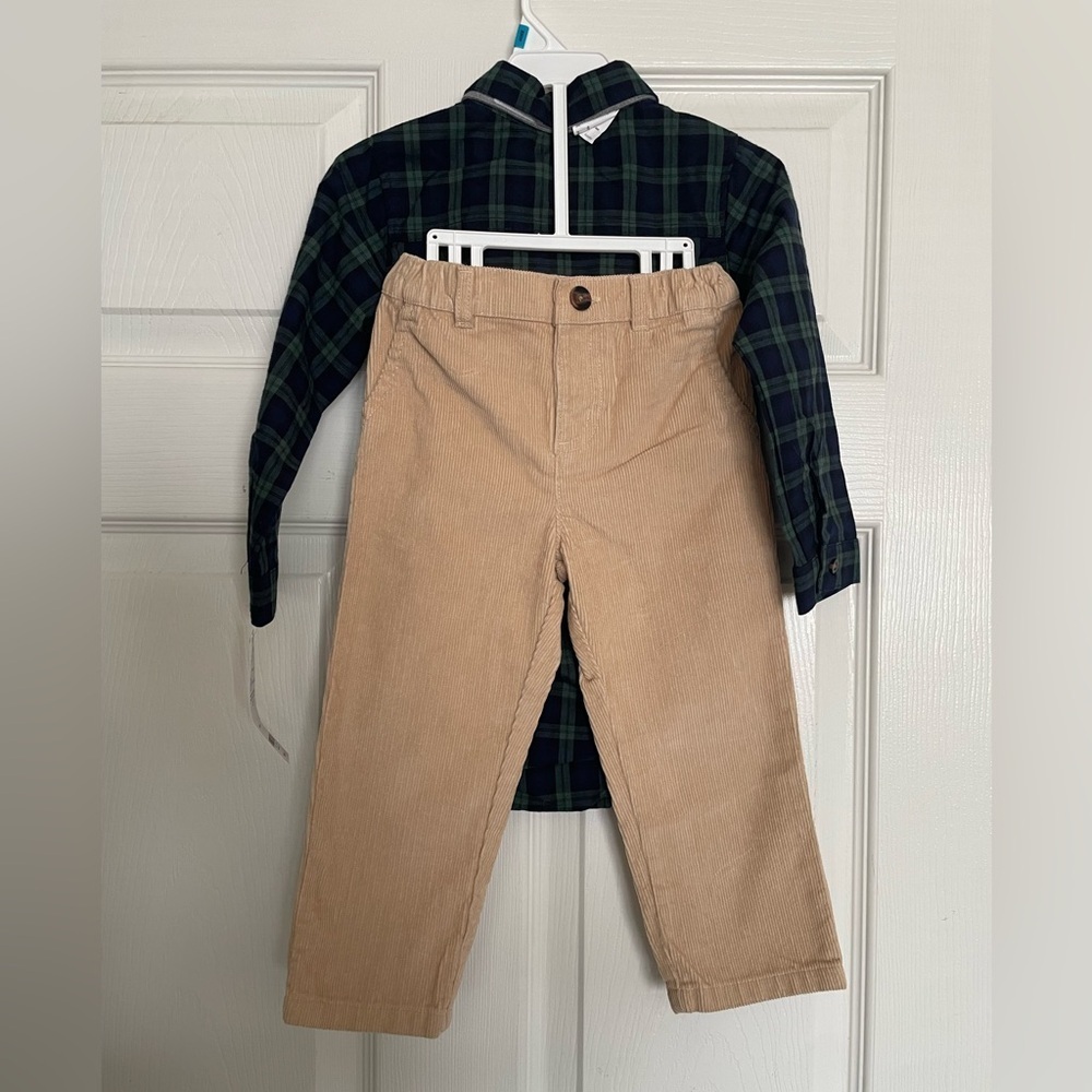 Carter's Green Plaid Button Up Bodysuit with Tan Pants and Grey Bowtie NWT 24mo - Picture 6 of 9